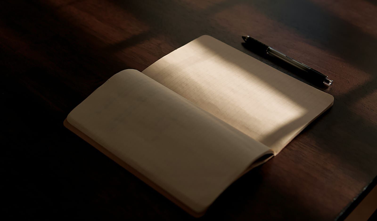 Carnet ouvert et stylo sur une table en bois sombre, dans une bande de lumière
